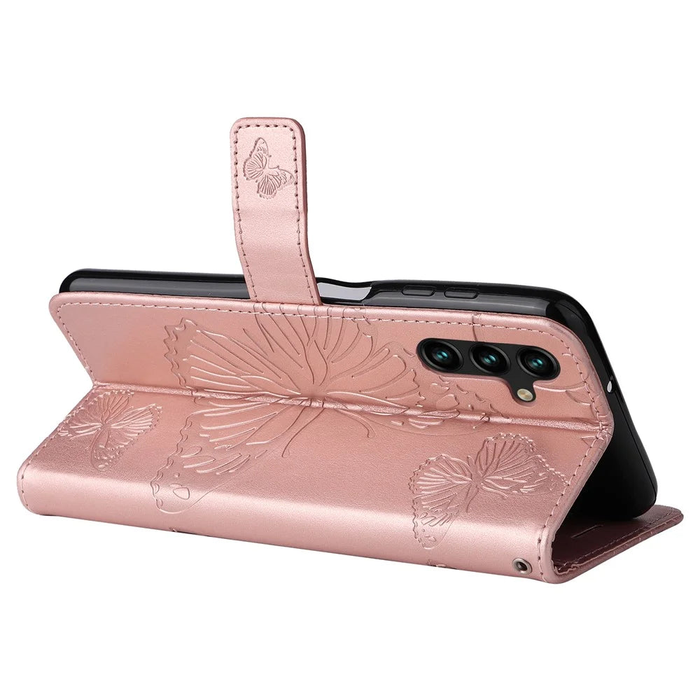 For Samsung Galaxy A34 5G Wallet Case Floral Butterfly Imprinted Leather Phone Cover Stand - Rose Gold - 4