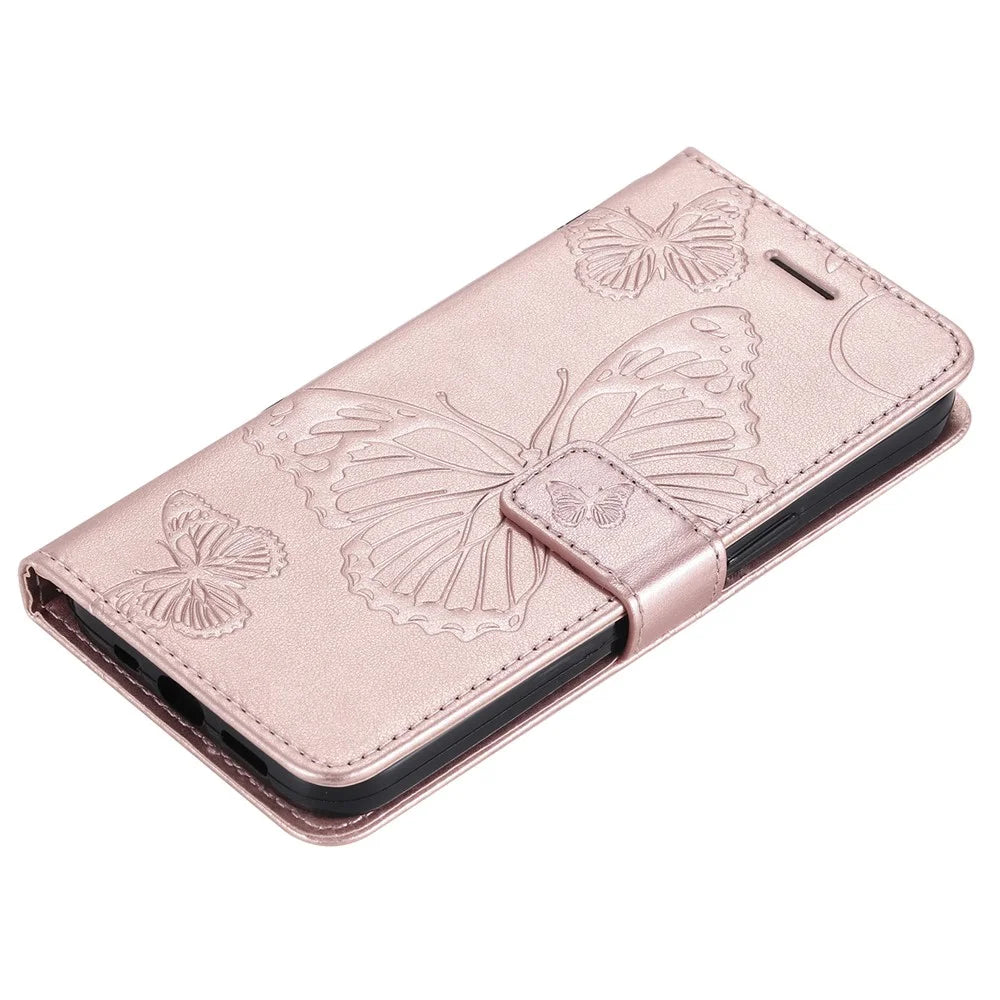 For Samsung Galaxy A34 5G Wallet Case Floral Butterfly Imprinted Leather Phone Cover Stand - Rose Gold - 5