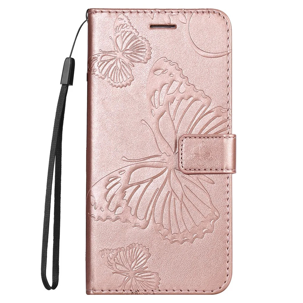 For Samsung Galaxy A34 5G Wallet Case Floral Butterfly Imprinted Leather Phone Cover Stand - Rose Gold - 6