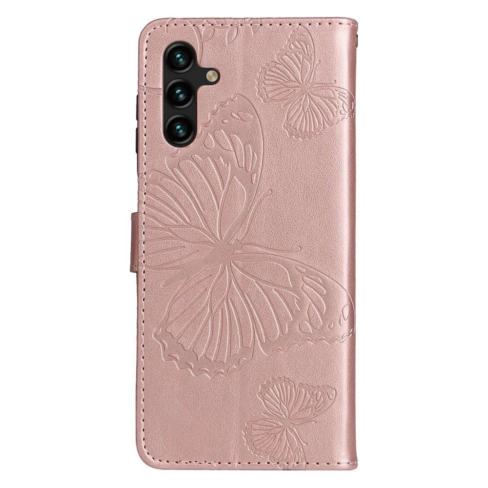 For Samsung Galaxy A34 5G Wallet Case Floral Butterfly Imprinted Leather Phone Cover Stand - Rose Gold - 7