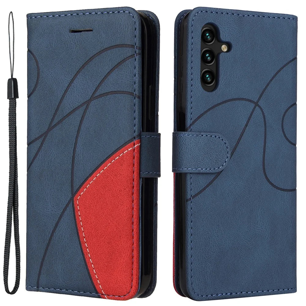 For Samsung Galaxy A34 5G Leather Case Wallet Stand Color Splicing Phone Cover - Blue - 1