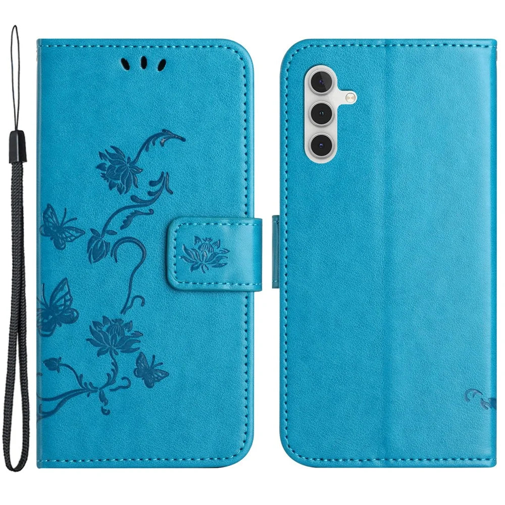 For Samsung Galaxy A34 5G Imprinted Butterfly Flower Pattern PU Leather Flip Cover Magnetic Closure Stand Wallet Folio Phone Case with Strap - Blue - 1
