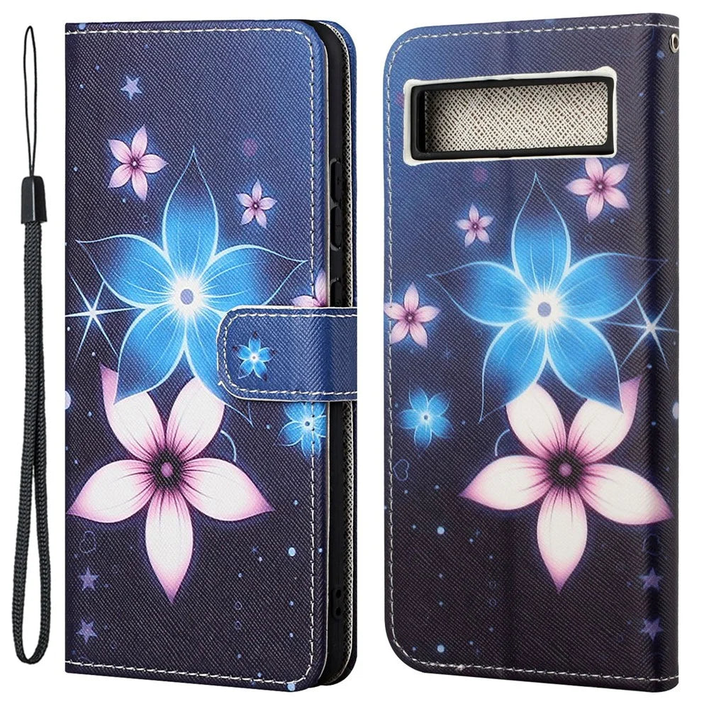 For Google Pixel 7a PU Leather Flip 3D Pattern Printing Phone Case Cross Texture Magnetic Closure Stand Folio Cover - Blue Flower - 1