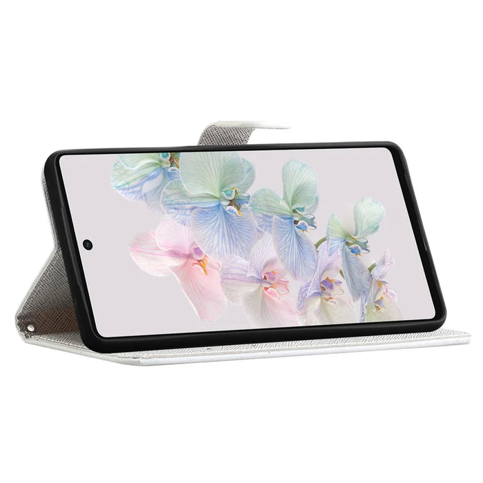 For Google Pixel 7a PU Leather Flip 3D Pattern Printing Phone Case Cross Texture Magnetic Closure Stand Folio Cover - Blue Flower - 2