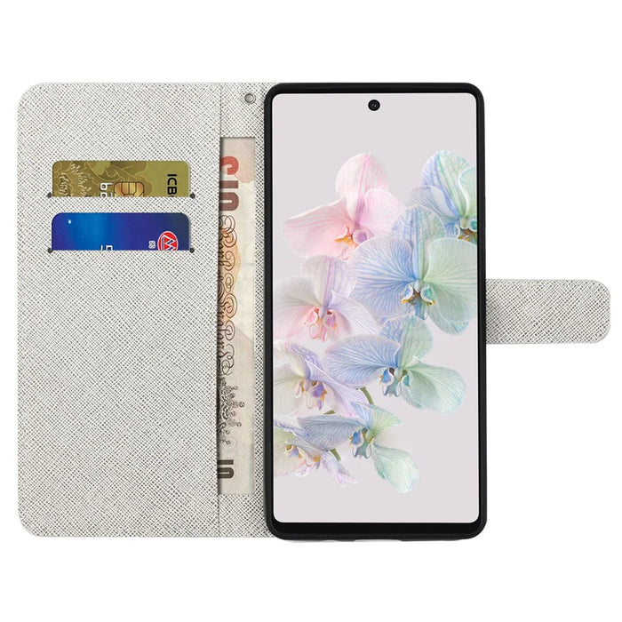 For Google Pixel 7a PU Leather Flip 3D Pattern Printing Phone Case Cross Texture Magnetic Closure Stand Folio Cover - Blue Flower - 3
