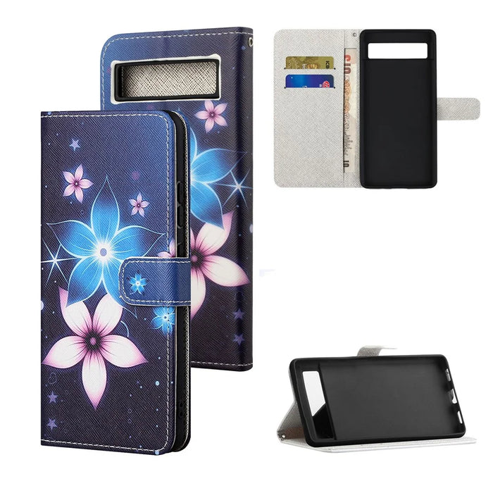 For Google Pixel 7a PU Leather Flip 3D Pattern Printing Phone Case Cross Texture Magnetic Closure Stand Folio Cover - Blue Flower - 4