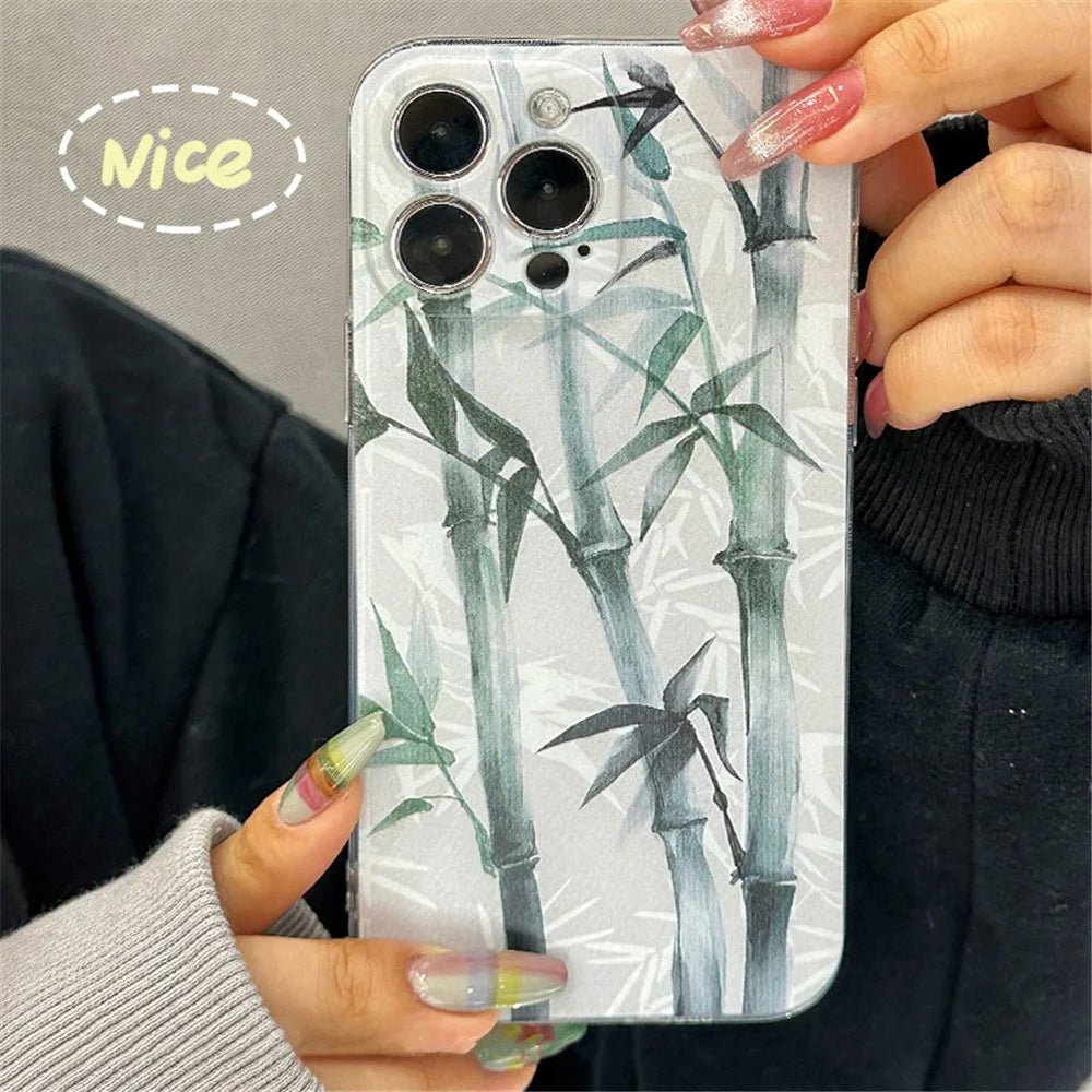 For iPhone 14 Pro Ink Painting Bamboo Pattern Precise Cutout Phone Case 1.5mm Thickness Shockproof TPU Cover - 5
