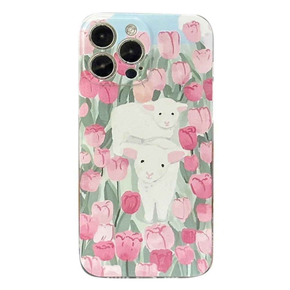 1.5mm TPU Phone Case for iPhone 14 Pro, Sheep Tulip Pattern Printing Shockproof Back Cover with Beads Hand Strap - 1