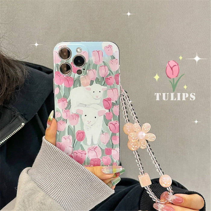 1.5mm TPU Phone Case for iPhone 14 Pro, Sheep Tulip Pattern Printing Shockproof Back Cover with Beads Hand Strap - 2