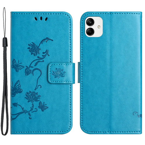 For Samsung Galaxy A04e 4G / F04 4G / M04 4G PU Leather Flip Phone Cover Imprinted Butterfly Flower Pattern Stand Magnetic Wallet Folio Case with Strap - Blue - 1