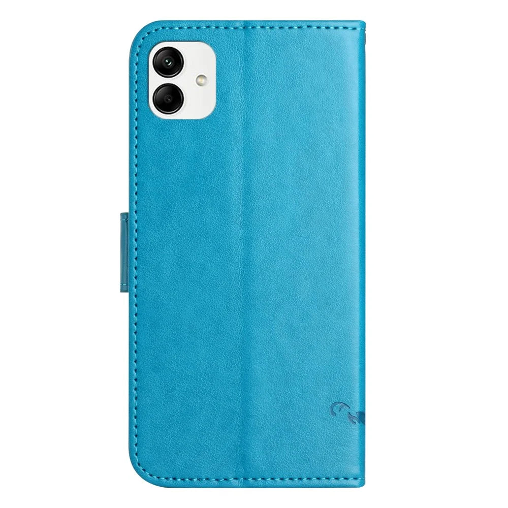 For Samsung Galaxy A04e 4G / F04 4G / M04 4G PU Leather Flip Phone Cover Imprinted Butterfly Flower Pattern Stand Magnetic Wallet Folio Case with Strap - Blue - 6