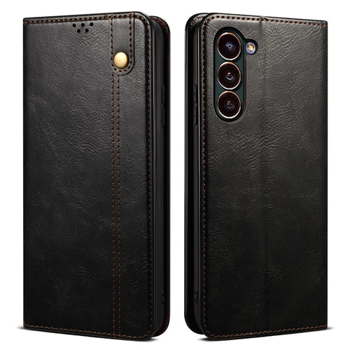Phone Wallet Case For Samsung Galaxy S23+ Waxy Crazy Horse Texture PU Leather Stand Magnetic Absorption Cell Phone Cover - Black - 1