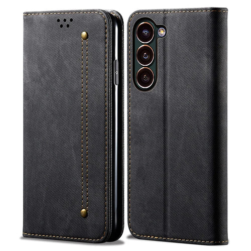 Full Protection Phone Case For Samsung Galaxy S23+ Jeans Cloth Texture Phone Flip Wallet Cover Stand - Black - 1