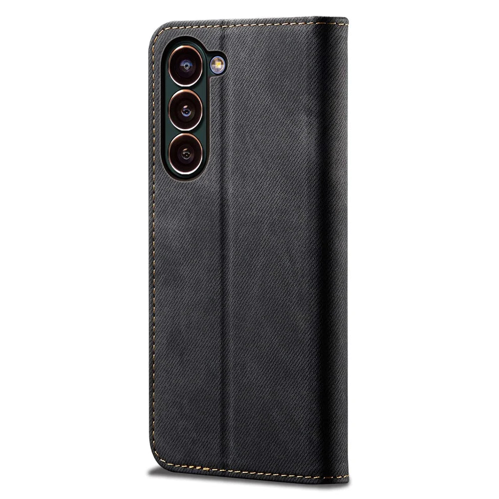 Full Protection Phone Case For Samsung Galaxy S23+ Jeans Cloth Texture Phone Flip Wallet Cover Stand - Black - 7