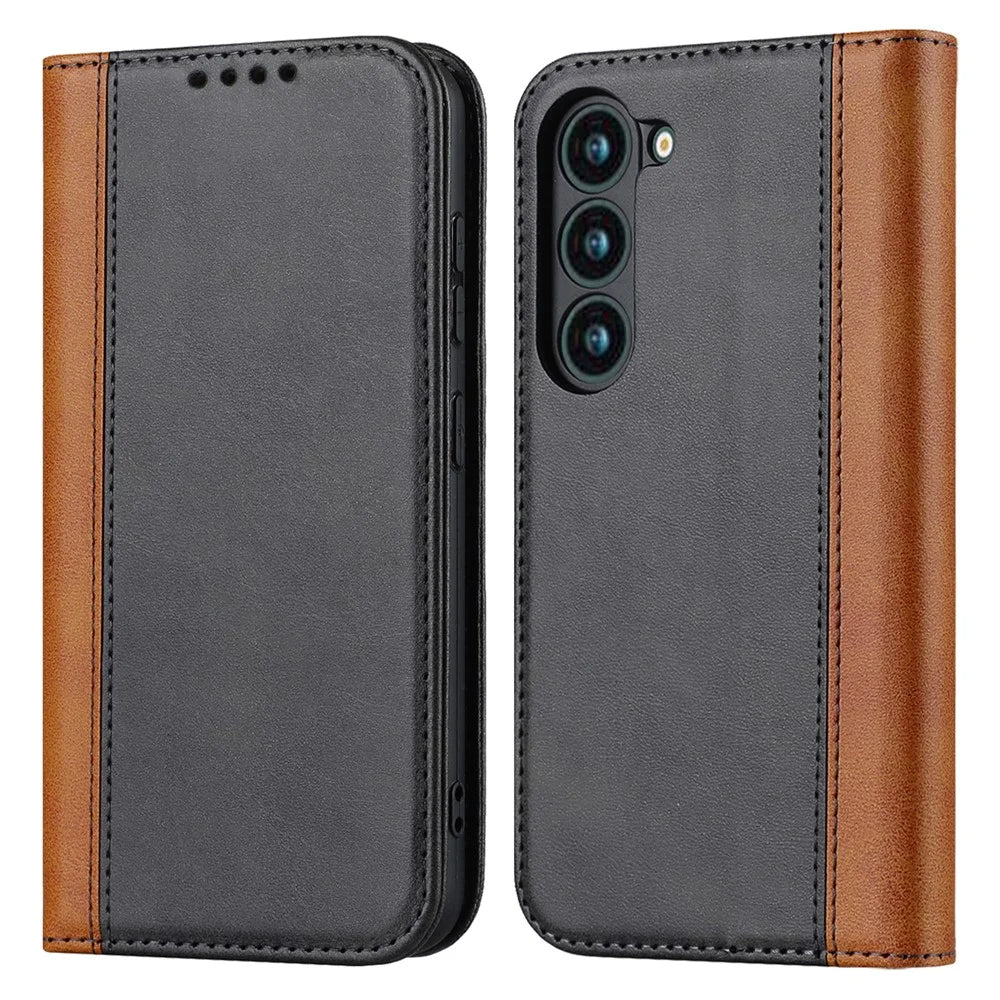 For Samsung Galaxy S23 Calf Texture PU Leather Bi-color Splicing Case Strong Magnetic Suction Stand Wallet Phone Cover - Black  /  Yellow - 1