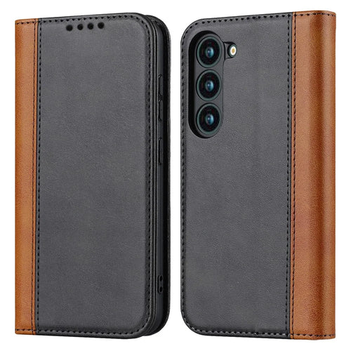 For Samsung Galaxy S23 Calf Texture PU Leather Bi-color Splicing Case Strong Magnetic Suction Stand Wallet Phone Cover - Black  /  Yellow - 1