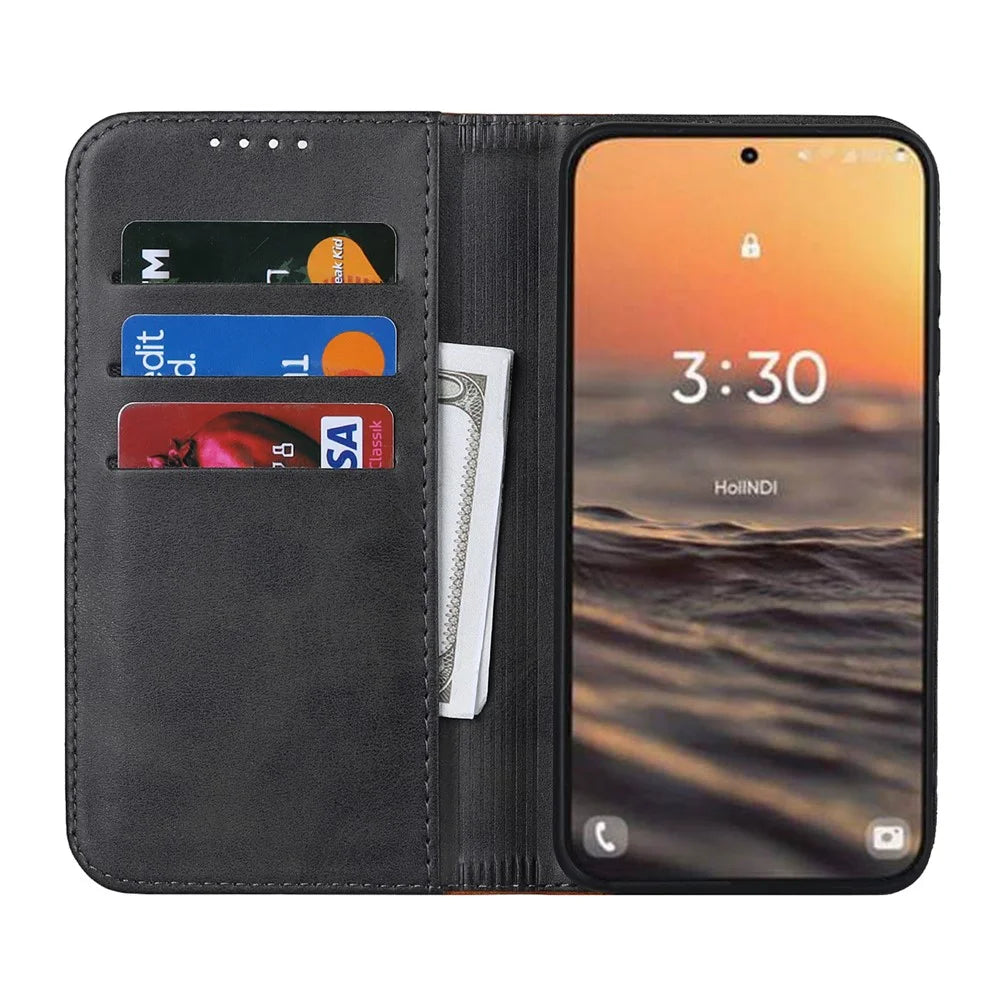 For Samsung Galaxy S23 Calf Texture PU Leather Bi-color Splicing Case Strong Magnetic Suction Stand Wallet Phone Cover - Black  /  Yellow - 2