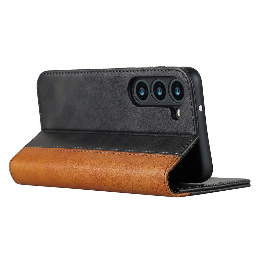 For Samsung Galaxy S23 Calf Texture PU Leather Bi-color Splicing Case Strong Magnetic Suction Stand Wallet Phone Cover - Black  /  Yellow - 4