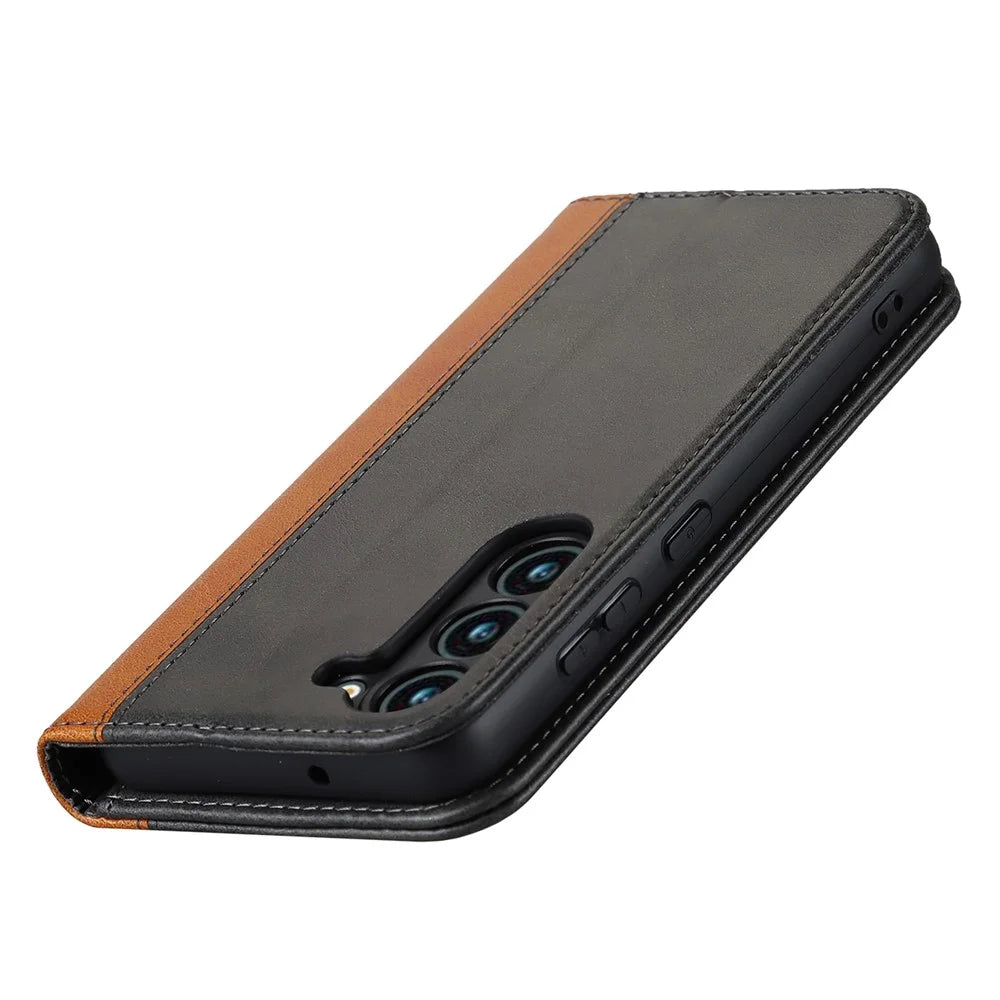 For Samsung Galaxy S23 Calf Texture PU Leather Bi-color Splicing Case Strong Magnetic Suction Stand Wallet Phone Cover - Black  /  Yellow - 5