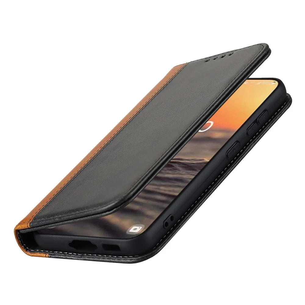 For Samsung Galaxy S23 Calf Texture PU Leather Bi-color Splicing Case Strong Magnetic Suction Stand Wallet Phone Cover - Black  /  Yellow - 6