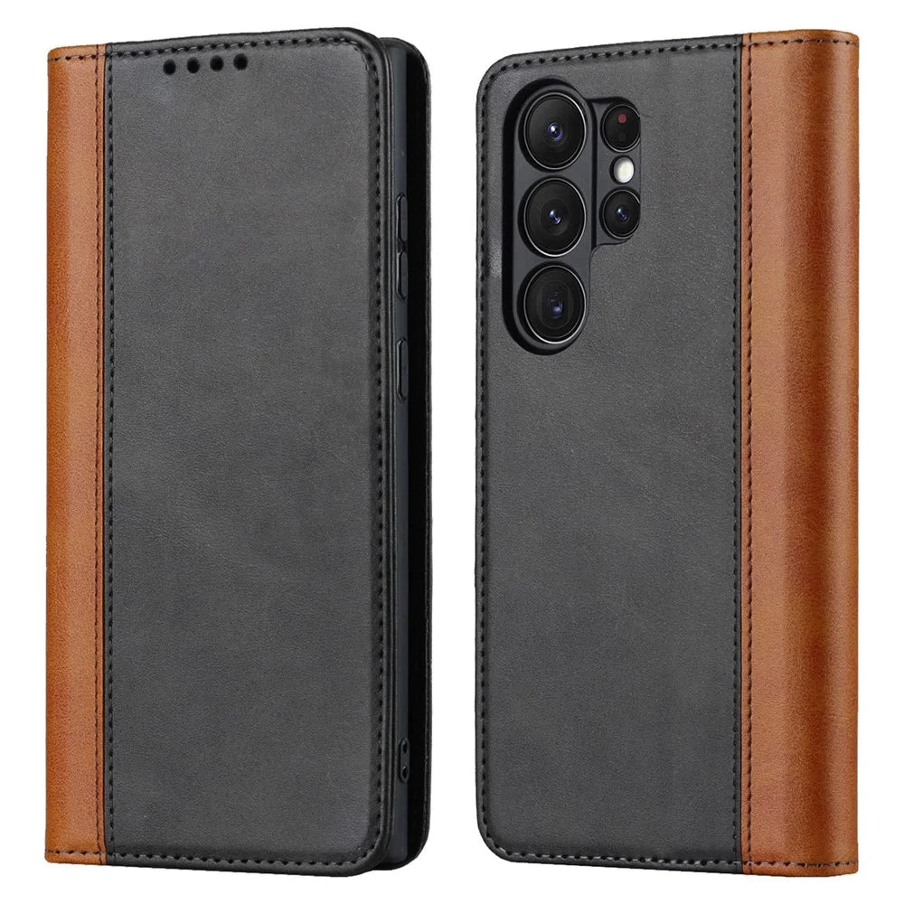 For Samsung Galaxy S23 Ultra Hidden Magnetic Absorption PU Leather Wallet Case Calf Texture Bi-color Splicing Stand Folio Phone Cover - Black  /  Yellow - 1