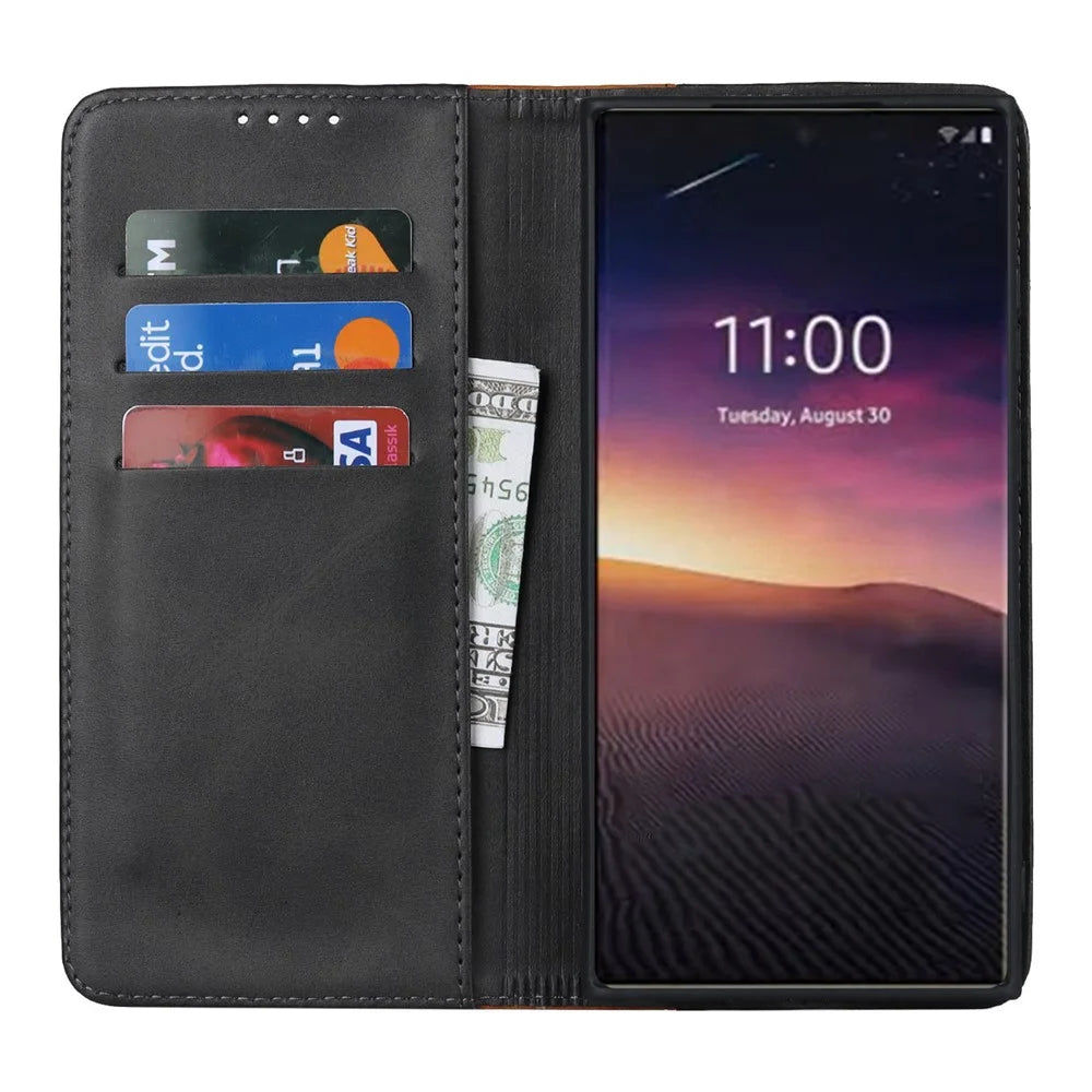 For Samsung Galaxy S23 Ultra Hidden Magnetic Absorption PU Leather Wallet Case Calf Texture Bi-color Splicing Stand Folio Phone Cover - Black  /  Yellow - 2