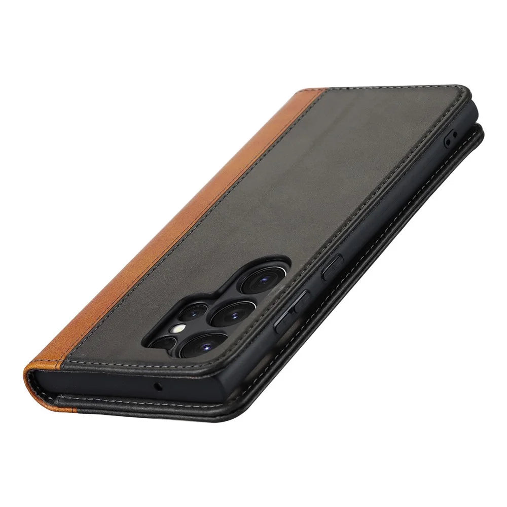 For Samsung Galaxy S23 Ultra Hidden Magnetic Absorption PU Leather Wallet Case Calf Texture Bi-color Splicing Stand Folio Phone Cover - Black  /  Yellow - 5