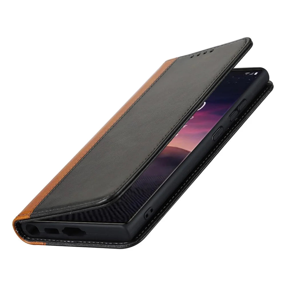 For Samsung Galaxy S23 Ultra Hidden Magnetic Absorption PU Leather Wallet Case Calf Texture Bi-color Splicing Stand Folio Phone Cover - Black  /  Yellow - 6