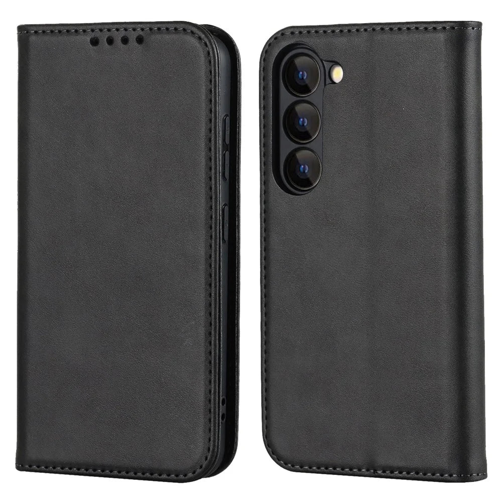 For Samsung Galaxy S23 Calf Texture PU Leather Case Magnetic Auto-absorbed Stand Wallet Phone Cover - Black - 1