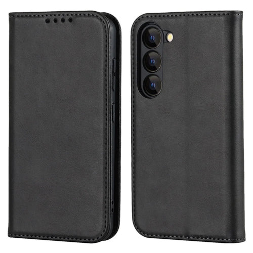 For Samsung Galaxy S23 Calf Texture PU Leather Case Magnetic Auto-absorbed Stand Wallet Phone Cover - Black - 1