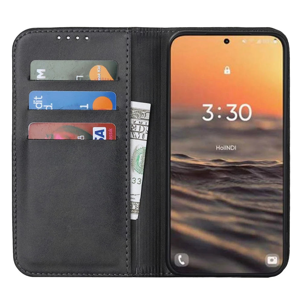 For Samsung Galaxy S23 Calf Texture PU Leather Case Magnetic Auto-absorbed Stand Wallet Phone Cover - Black - 2