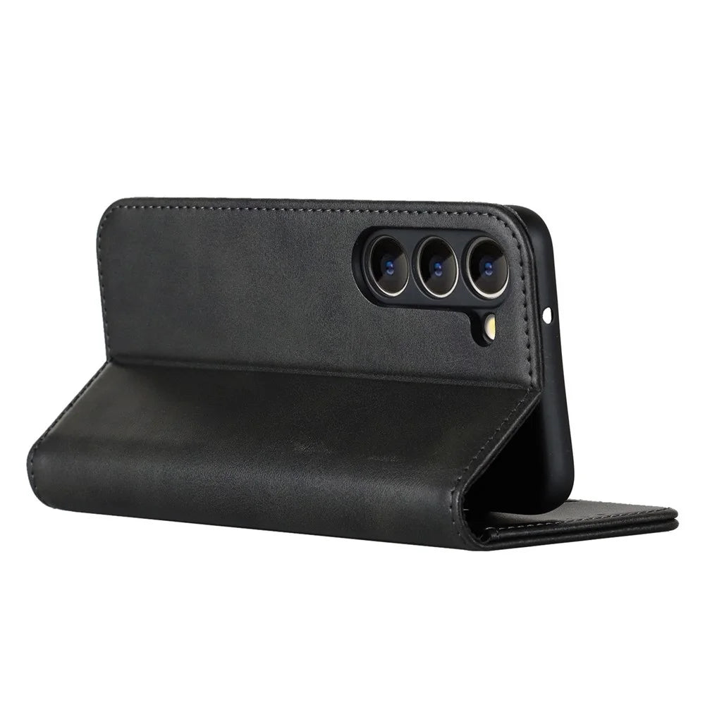 For Samsung Galaxy S23 Calf Texture PU Leather Case Magnetic Auto-absorbed Stand Wallet Phone Cover - Black - 3