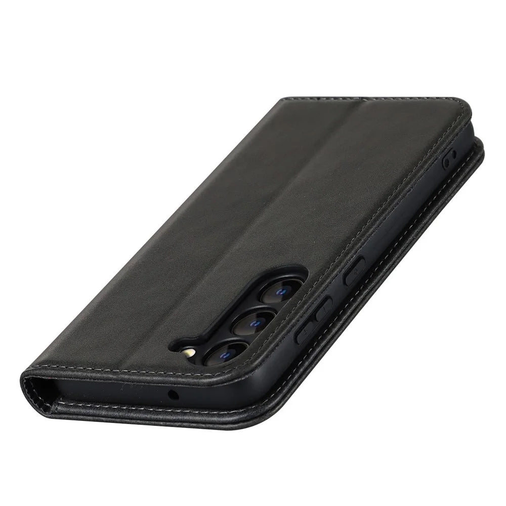 For Samsung Galaxy S23 Calf Texture PU Leather Case Magnetic Auto-absorbed Stand Wallet Phone Cover - Black - 5