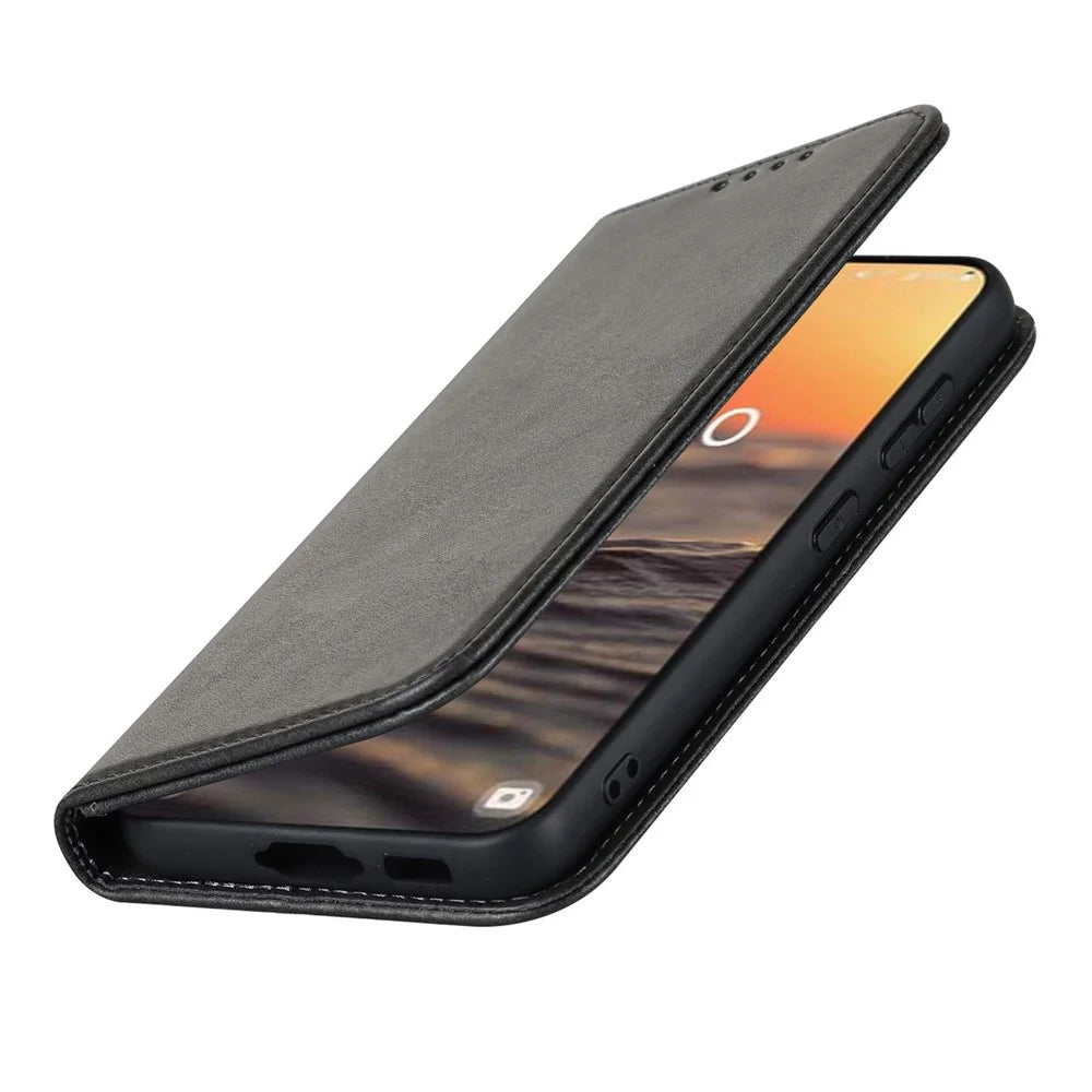 For Samsung Galaxy S23 Calf Texture PU Leather Case Magnetic Auto-absorbed Stand Wallet Phone Cover - Black - 6