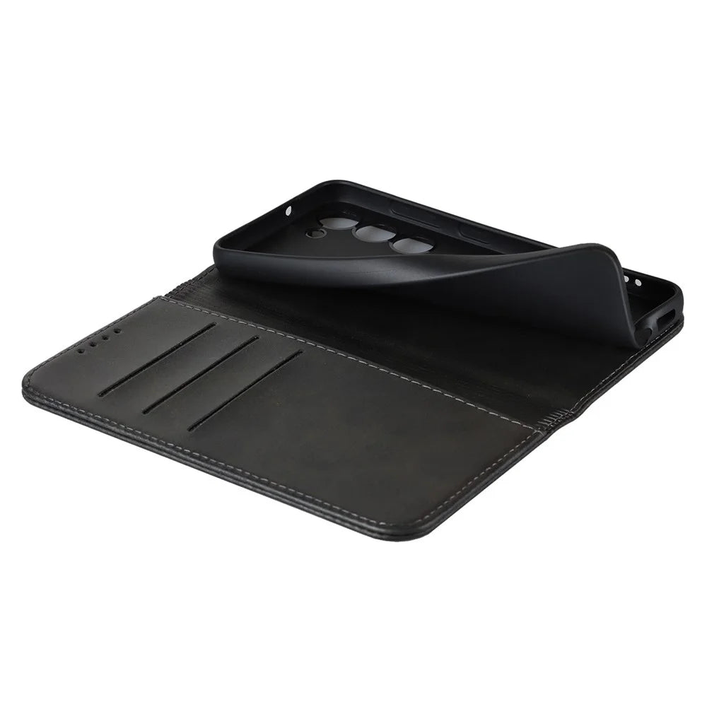 For Samsung Galaxy S23 Calf Texture PU Leather Case Magnetic Auto-absorbed Stand Wallet Phone Cover - Black - 7