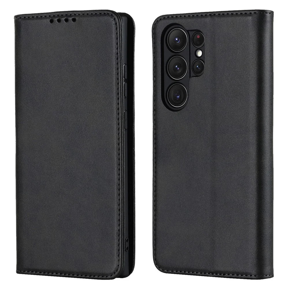 For Samsung Galaxy S23 Ultra Calf Texture PU Leather Stand Flip Folio Cover Magnetic Absorption Wallet Phone Case - Black - 1