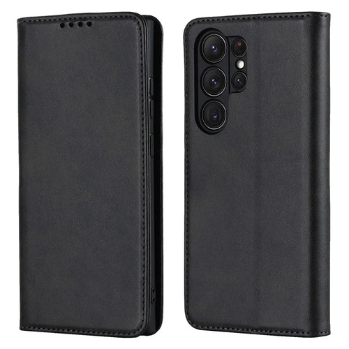 For Samsung Galaxy S23 Ultra Calf Texture PU Leather Stand Flip Folio Cover Magnetic Absorption Wallet Phone Case - Black - 1