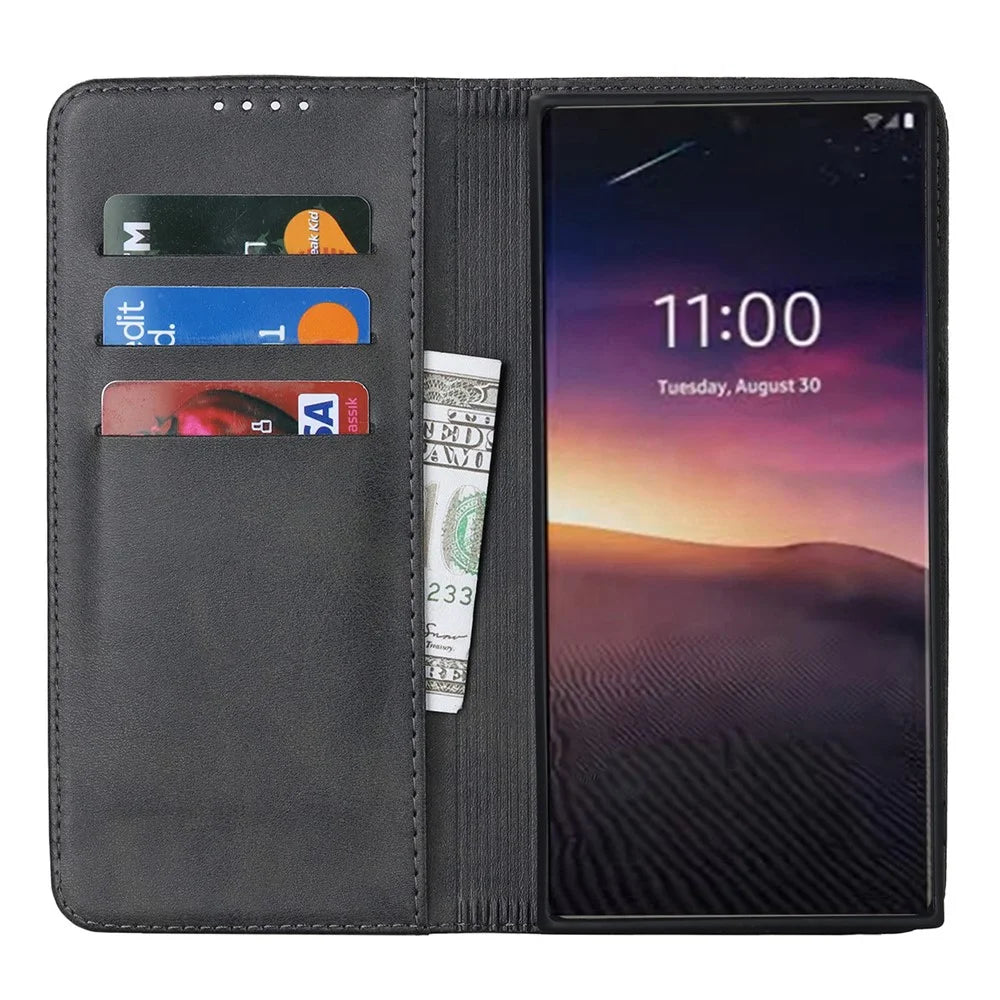 For Samsung Galaxy S23 Ultra Calf Texture PU Leather Stand Flip Folio Cover Magnetic Absorption Wallet Phone Case - Black - 2