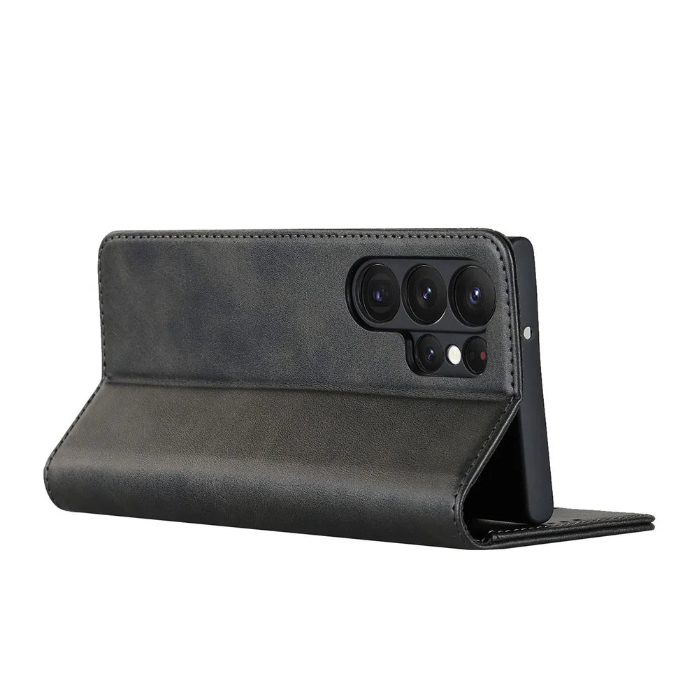 For Samsung Galaxy S23 Ultra Calf Texture PU Leather Stand Flip Folio Cover Magnetic Absorption Wallet Phone Case - Black - 3
