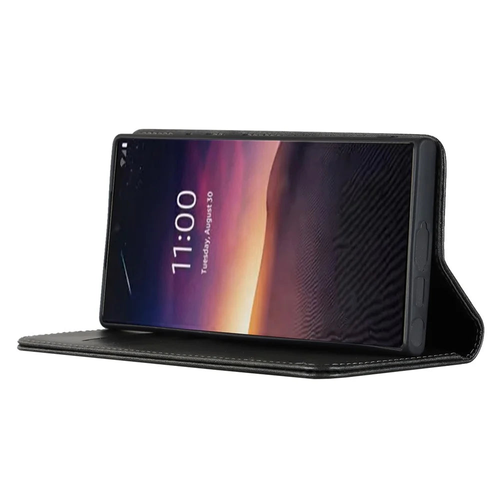 For Samsung Galaxy S23 Ultra Calf Texture PU Leather Stand Flip Folio Cover Magnetic Absorption Wallet Phone Case - Black - 4