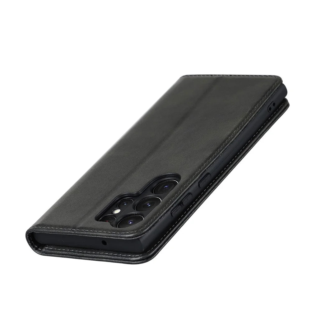 For Samsung Galaxy S23 Ultra Calf Texture PU Leather Stand Flip Folio Cover Magnetic Absorption Wallet Phone Case - Black - 5