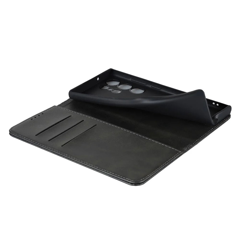 For Samsung Galaxy S23 Ultra Calf Texture PU Leather Stand Flip Folio Cover Magnetic Absorption Wallet Phone Case - Black - 6