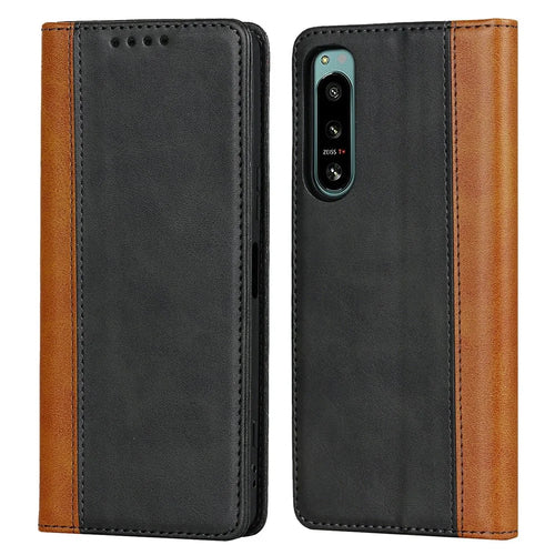 Anti-fall PU Leather Phone Case For Sony Xperia 5 IV 5G Magnetic Absorption Calf Texture Bi-color Splicing Stand Wallet Flip Phone Cover -  Black  /  Yellow - 1