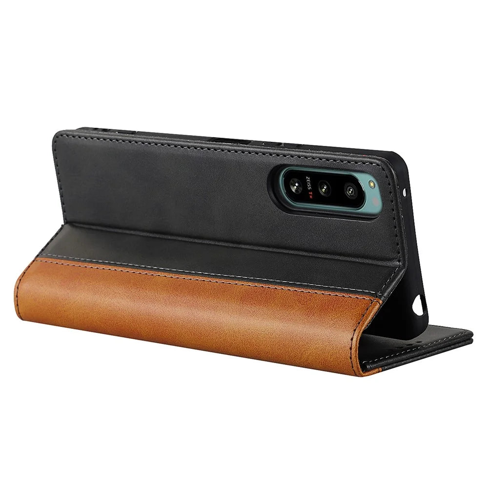 Anti-fall PU Leather Phone Case For Sony Xperia 5 IV 5G Magnetic Absorption Calf Texture Bi-color Splicing Stand Wallet Flip Phone Cover -  Black  /  Yellow - 3