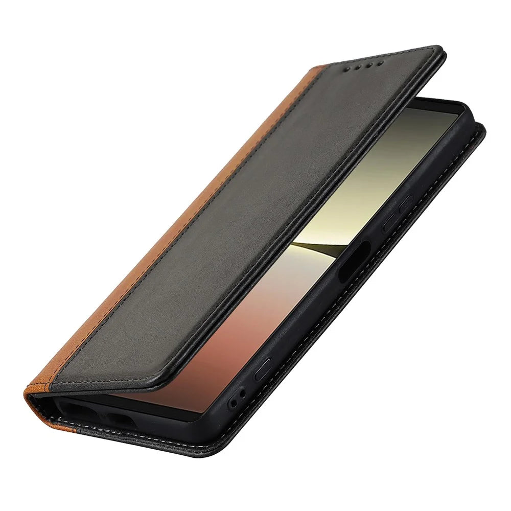 Anti-fall PU Leather Phone Case For Sony Xperia 5 IV 5G Magnetic Absorption Calf Texture Bi-color Splicing Stand Wallet Flip Phone Cover -  Black  /  Yellow - 6