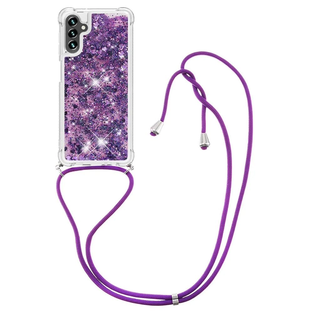 For Samsung Galaxy A34 5G TPU Case Quicksand Design Phone Cover with Lanyard - Dark Purple  /  Heart - 1