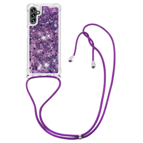 For Samsung Galaxy A34 5G TPU Case Quicksand Design Phone Cover with Lanyard - Dark Purple  /  Heart - 1
