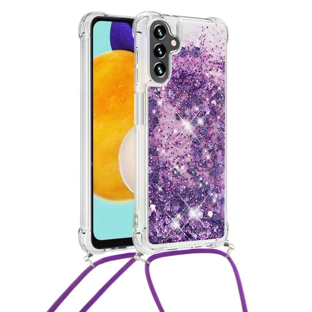 For Samsung Galaxy A34 5G TPU Case Quicksand Design Phone Cover with Lanyard - Dark Purple  /  Heart - 2