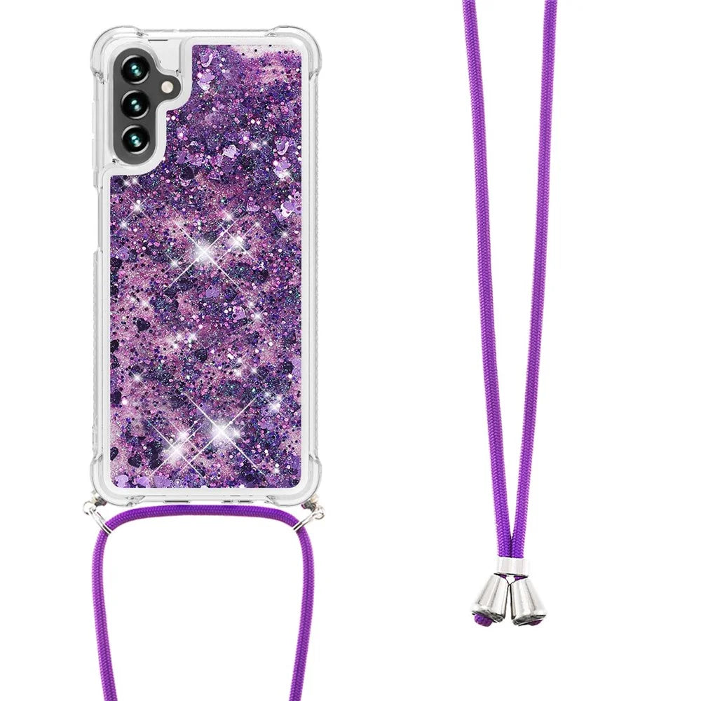For Samsung Galaxy A34 5G TPU Case Quicksand Design Phone Cover with Lanyard - Dark Purple  /  Heart - 3
