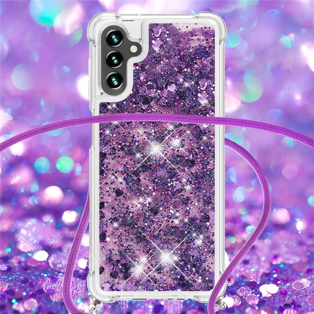 For Samsung Galaxy A34 5G TPU Case Quicksand Design Phone Cover with Lanyard - Dark Purple  /  Heart - 4